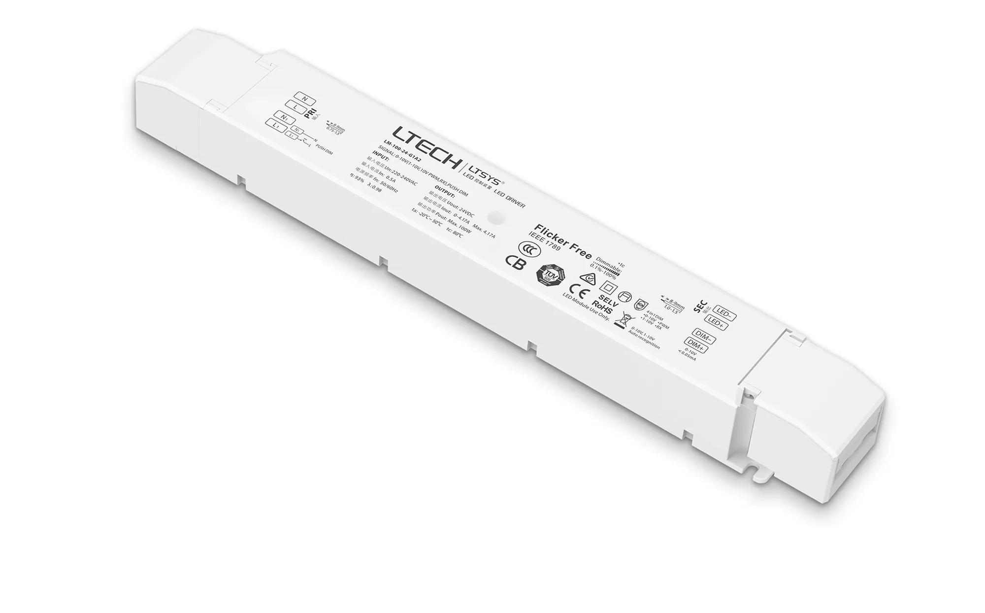 0-10V/1-10V/10V PWM/RX/Push DIM, 0-100% Dim, CV 100W, 24Vdc 4.17A, 200-240Vac, IP20, 5yrs Warranty.